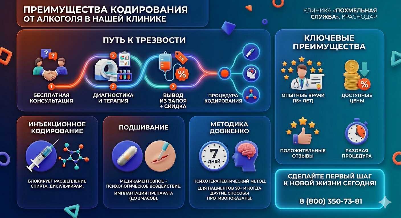 Инфографика о методах кодирования от алкоголя в Тереке: инъекции, подшивание, метод Довженко. Преимущества клиники и этапы лечения.
